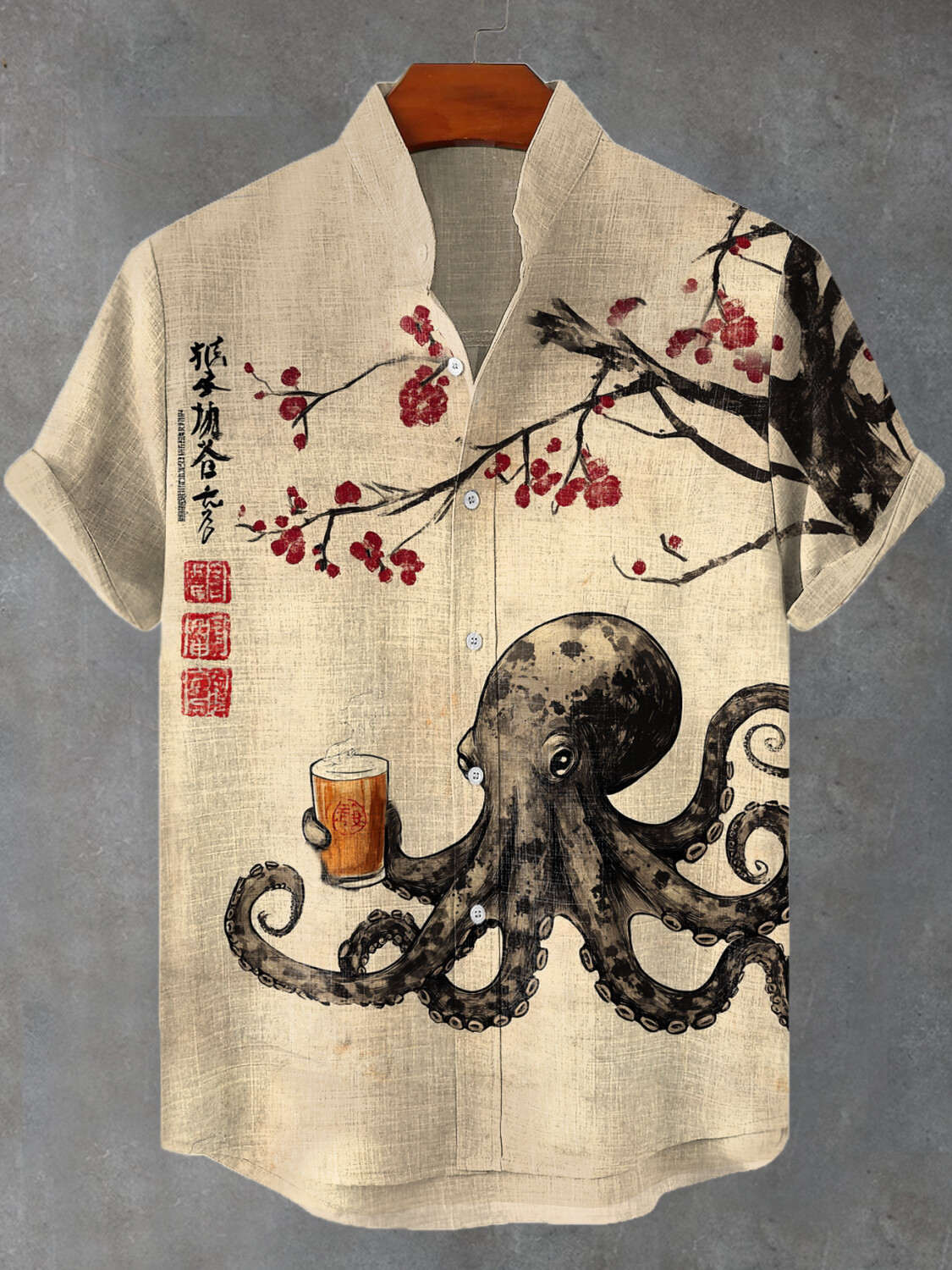Octopus Drinking Tea Under The Cherry Tree Art Hawaiian Shirt Gifts For Octopus Lovers