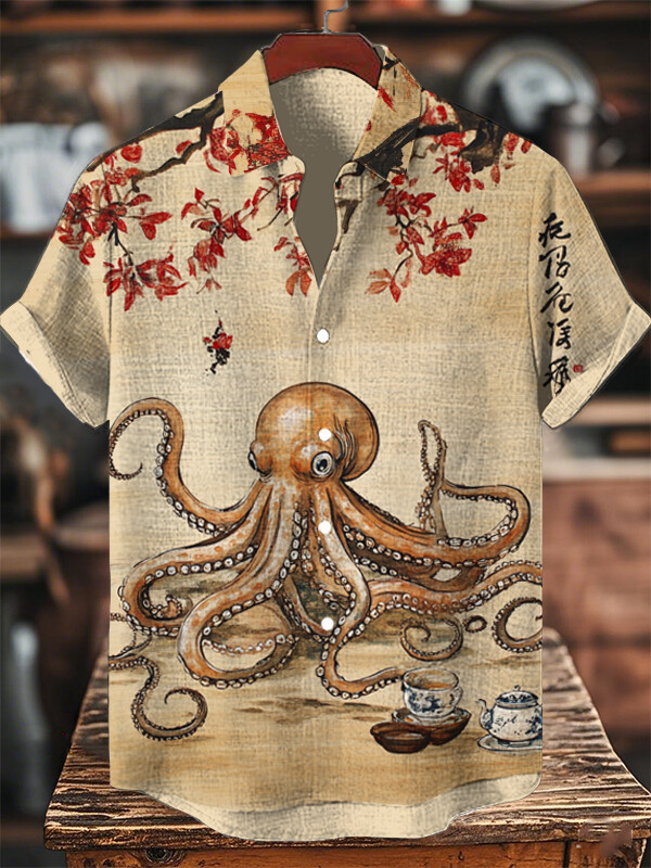 Octopus Drinking Tea Under The Maple Tree Art Hawaiian Shirt Best Gifts For Octopus Lovers