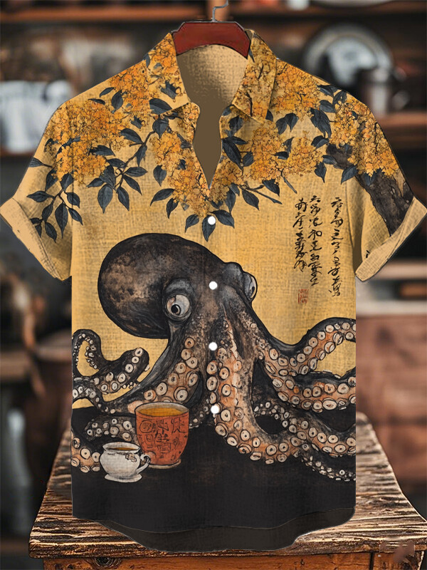 Octopus Drinking Tea Under The Osmanthus Tree Art Hawaiian Shirt Best Gifts For Octopus Lovers