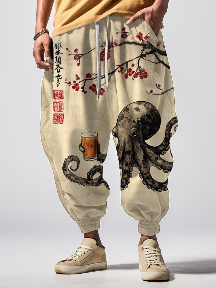 Octopus Drinking Under A Tree Japanese Art Print Loose Drawstring Waist Sweatpants Gifts For Him