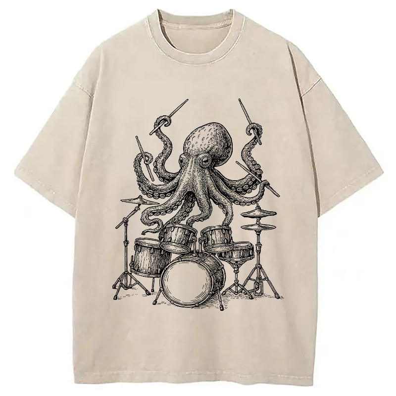 Octopus Drummer Washed T-Shirt Classic Graphic Fashion Tee Gifts For Sister