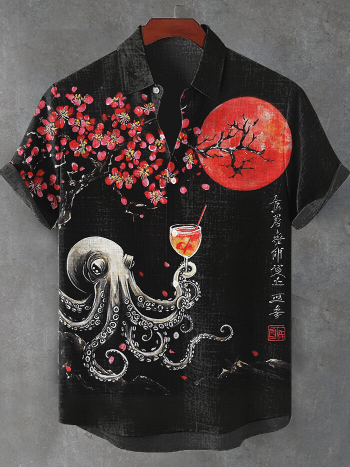 Octopus Holding A Cocktail Under A Plum Tree Art Hawaiian Shirt Gifts For Him