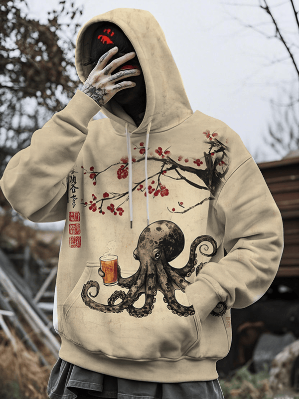 Octopus Holding A Glass Of Beer Under The Cherry Blossom Tree Calligraphy Japanese Art Hoodie