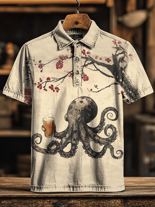 Octopus Holding A Glass Of Beer Under The Cherry Blossom Tree Calligraphy Japanese Art Polo Shirt