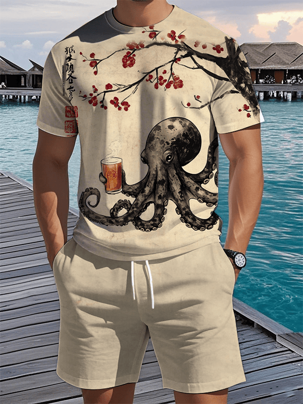 Octopus Holding A Glass Of Beer Under The Cherry Blossom Tree Calligraphy Japanese Shirt