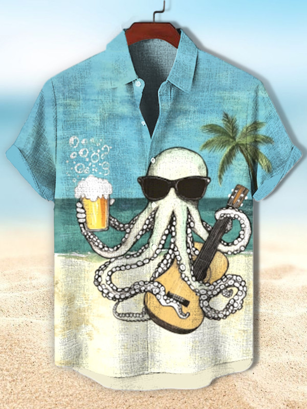 Octopus Holding Beer And Guitar Print Hawaiian Shirt Gifts For Octopus Lovers