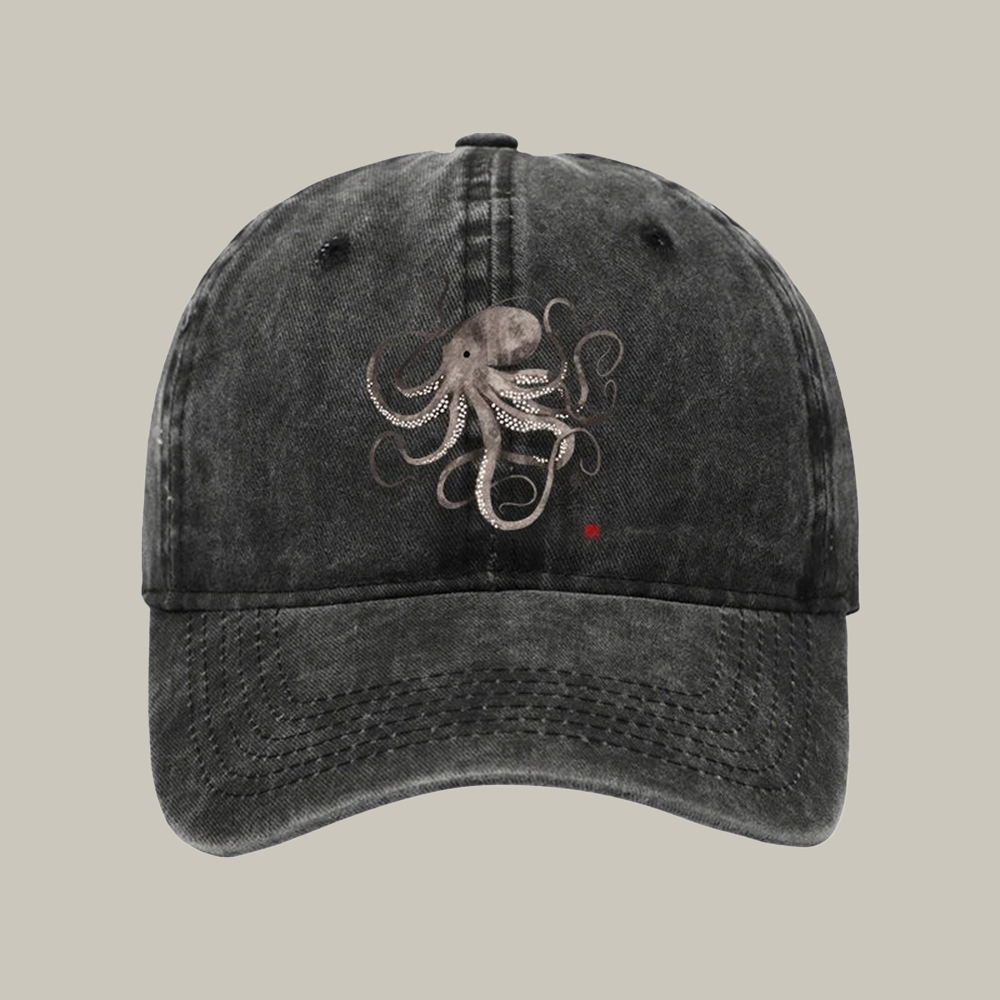 Octopus Japanese Calligraphy Washed Cap Unique Baseball Hat Christmas Gifts For Dad
