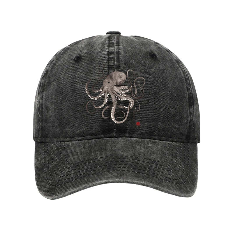 Octopus Japanese Calligraphy Washed Hat Anmal Cap Gifts For Octopus Lovers