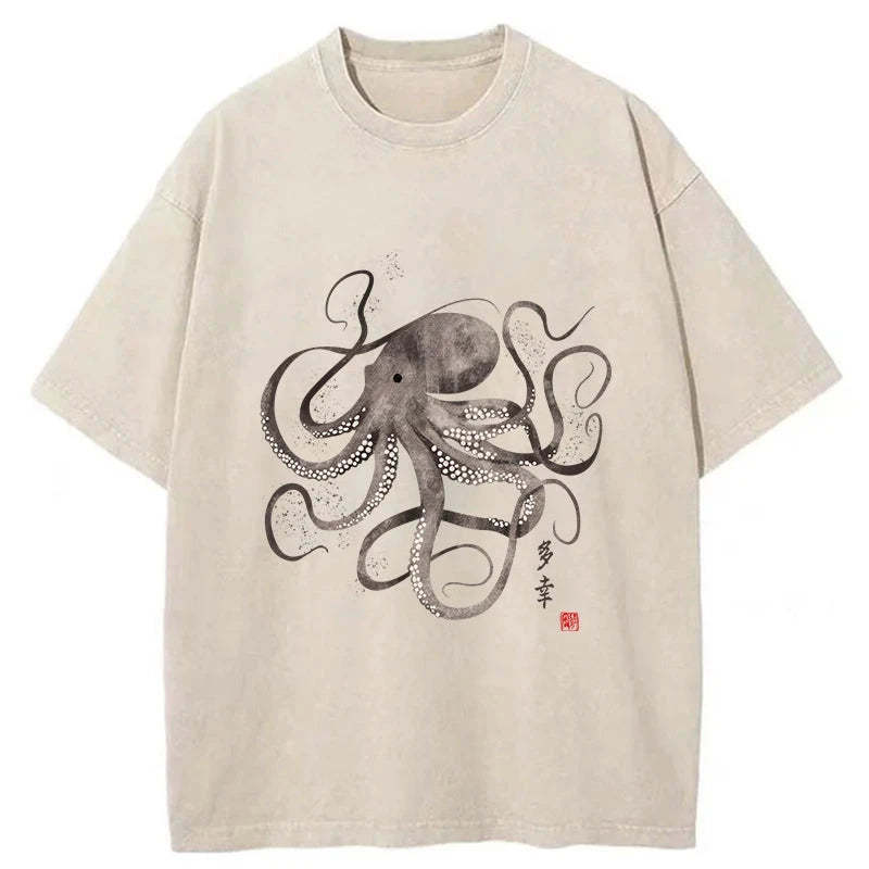 Octopus Japanese Calligraphy Washed T-Shirt Unique Aesthetic Fashion Tee Gifts For Her
