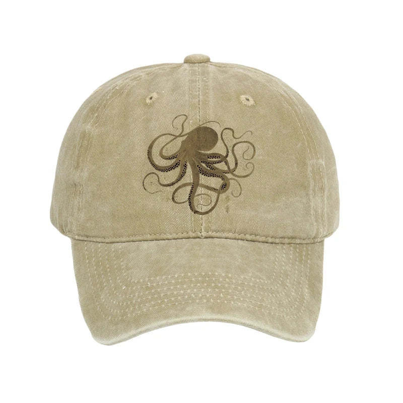 Octopus Japanese Gold Print Tattoo Washed Hat Animal Pattern Meme Cap Gifts For Adults
