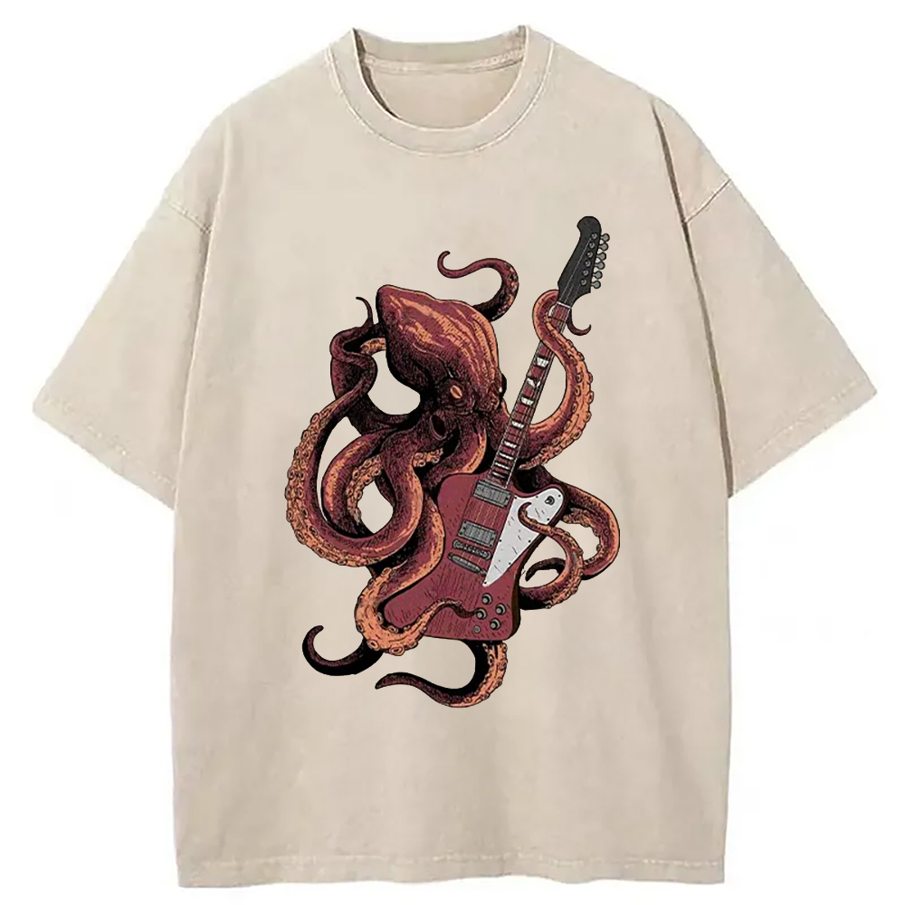Octopus Playing Guitar Washed T-Shirt Unique Aesthetic Fashion Tee Gifts For Sister Octopus Playing Guitar Washed T-Shirt Unique Aesthetic Fashion Tee Gifts For Sister