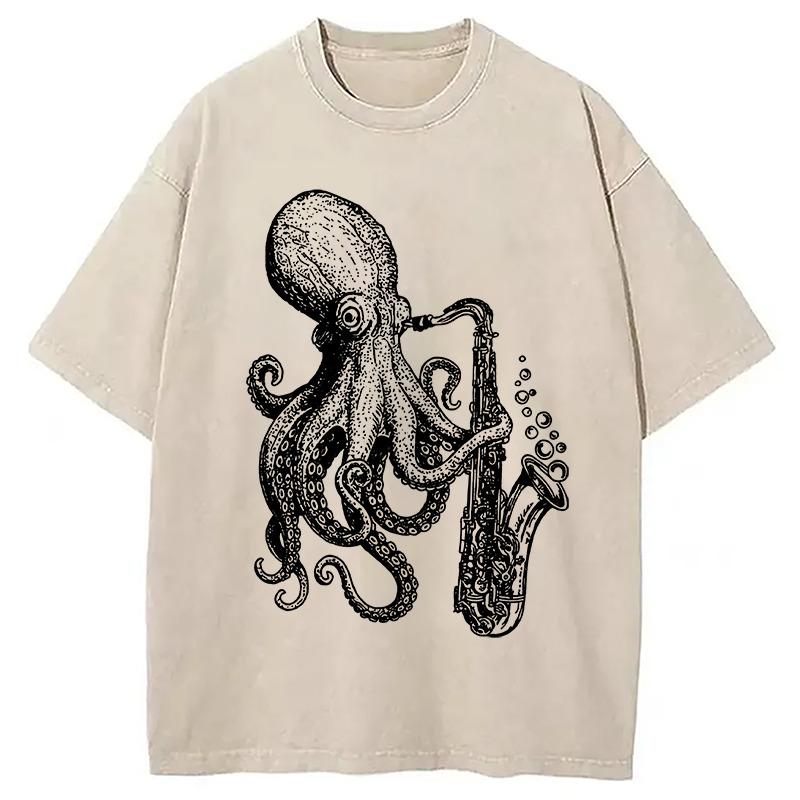 Octopus Playing Saxophone Washed T-Shirt Funny Aesthetic Trendy Apparel Gifts For Him