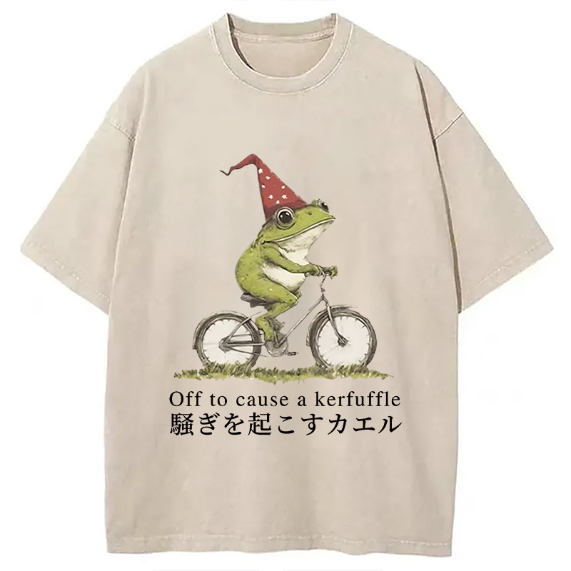 Off to Cause a Kerfuffle Frog Washed T-Shirt Trendy Aesthetic Graphic Apparel Gifts For Best Friend