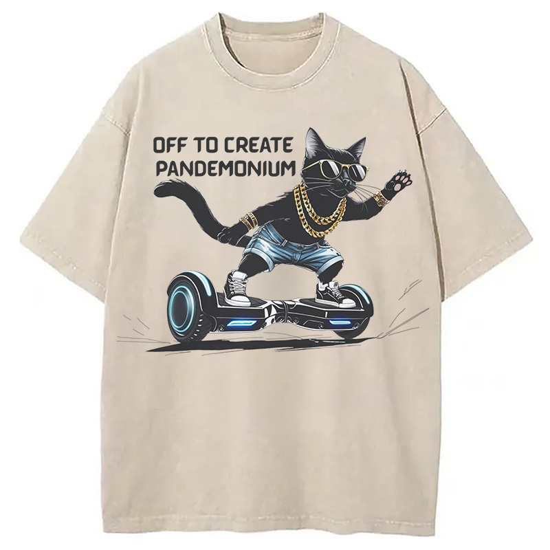 Off to Create Pandemonium Cat Washed T-Shirt Soft Comfortable Daily T Shirt Gifts For Sister