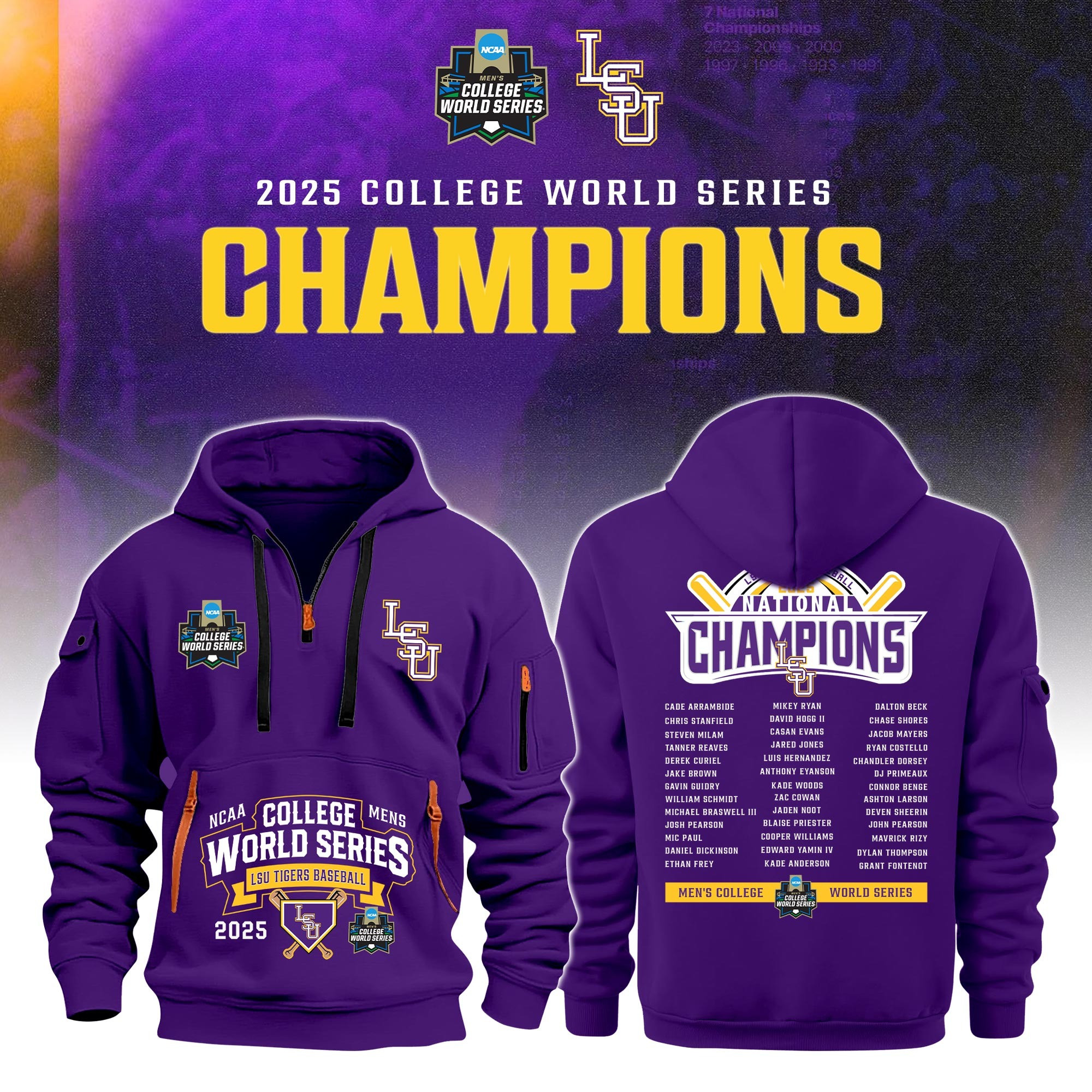 Official 2025 LSU Tigers CWS Championship New Half Zip Hoodie Best Gifts For Baseball Fans
