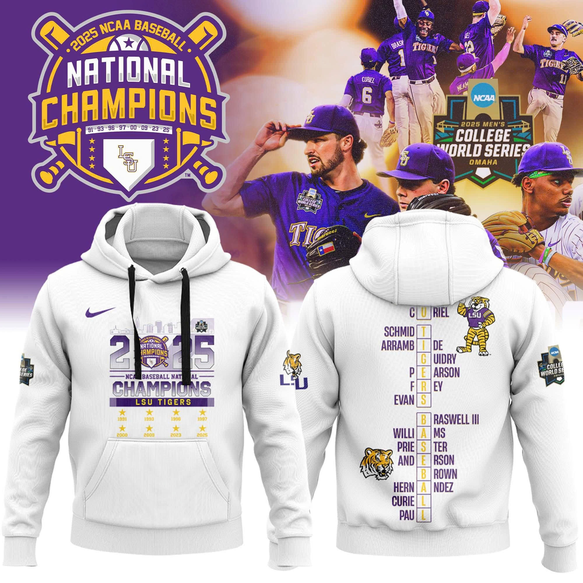 Official 2025 LSU Tigers CWS Championship White Hoodie Best Gifts For Baseball Fans