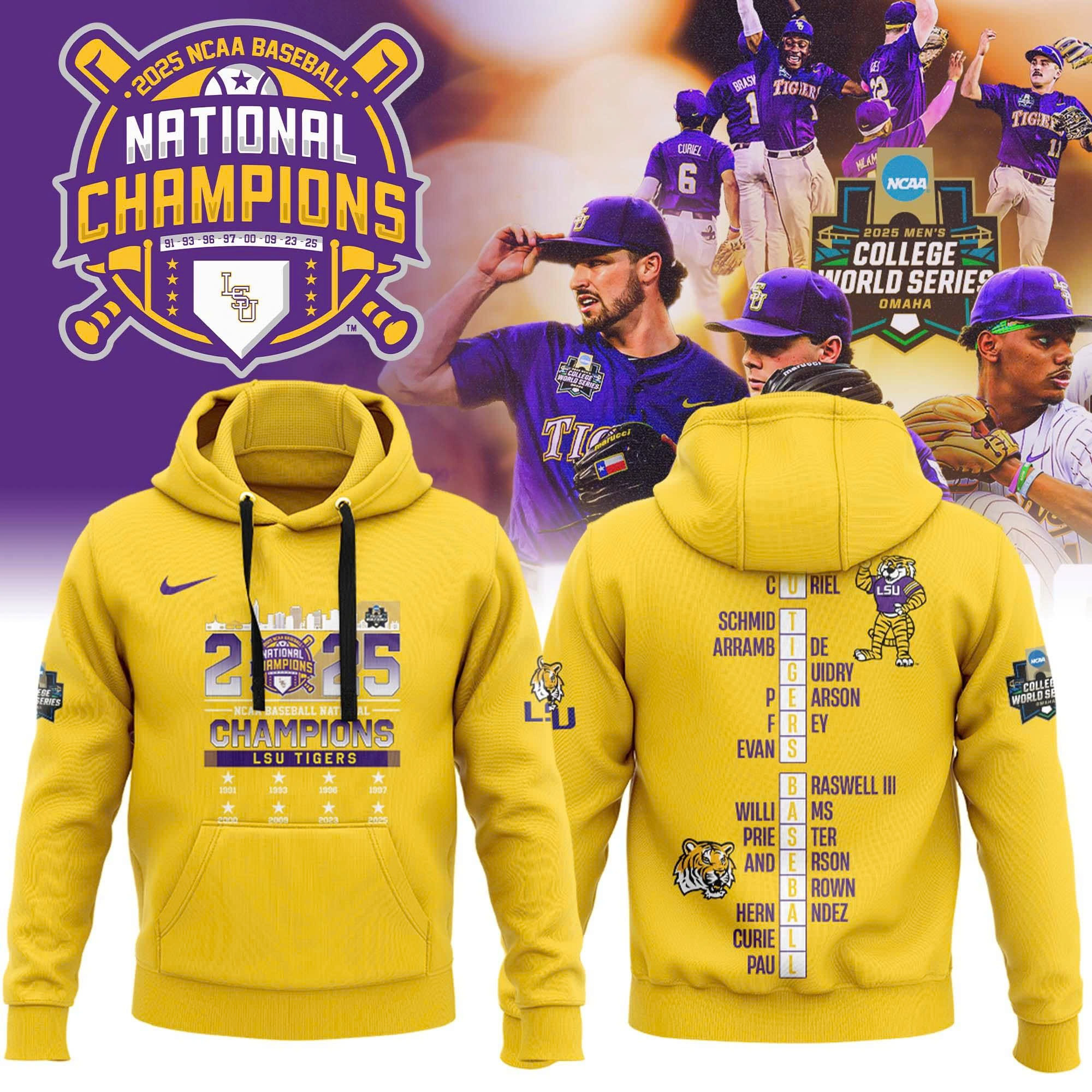 Official 2025 LSU Tigers CWS Championship Yellow Hoodie Present Gifts For Baseball Fans