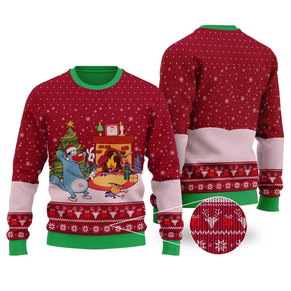 Oggy And The Cockroaches Ugly Christmas Sweater Cardinal Red Lovely Merch Gift for Cozy Winter Nights