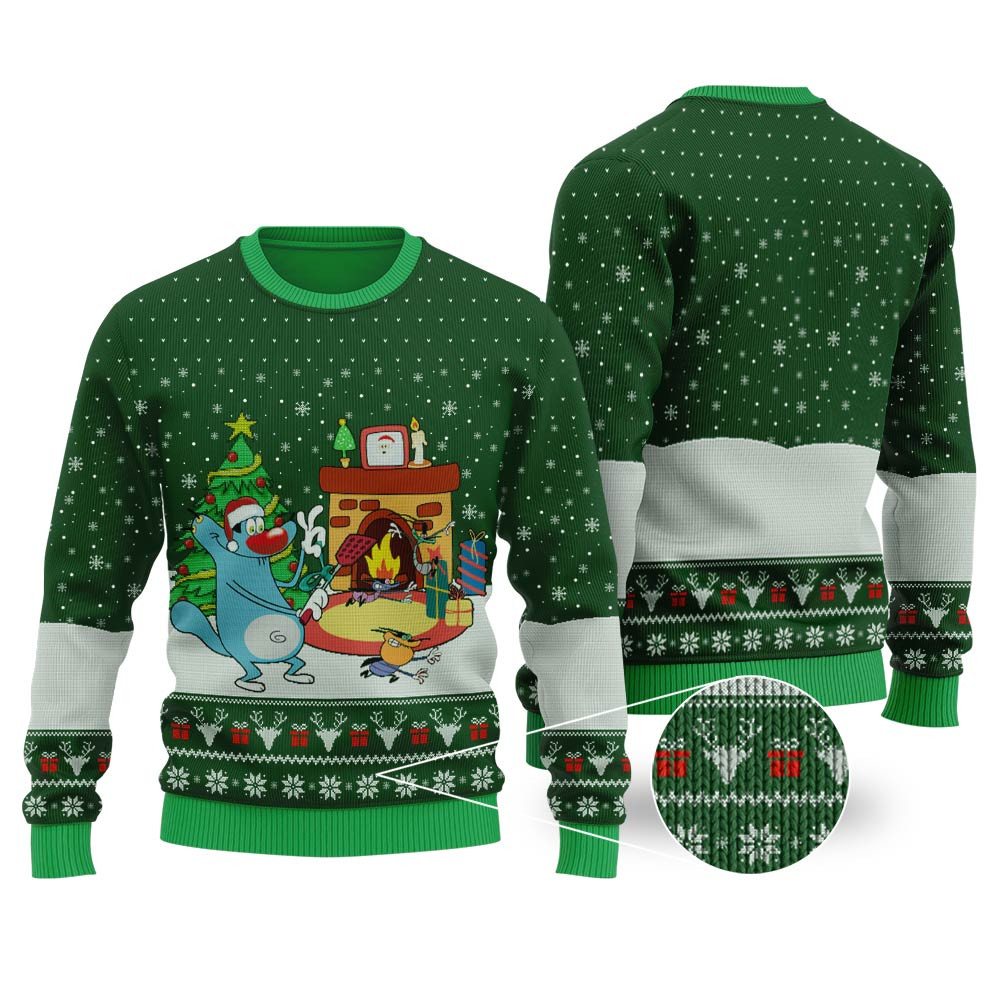 Oggy And The Cockroaches Ugly Christmas Sweater Forest Green Thoughtful Winter Gift Merch for Special Moments