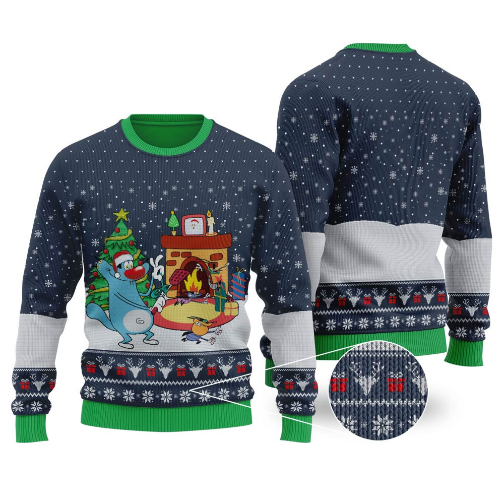 Oggy And The Cockroaches Ugly Christmas Sweater Navy Funny Holiday Sweater for Family Gatherings