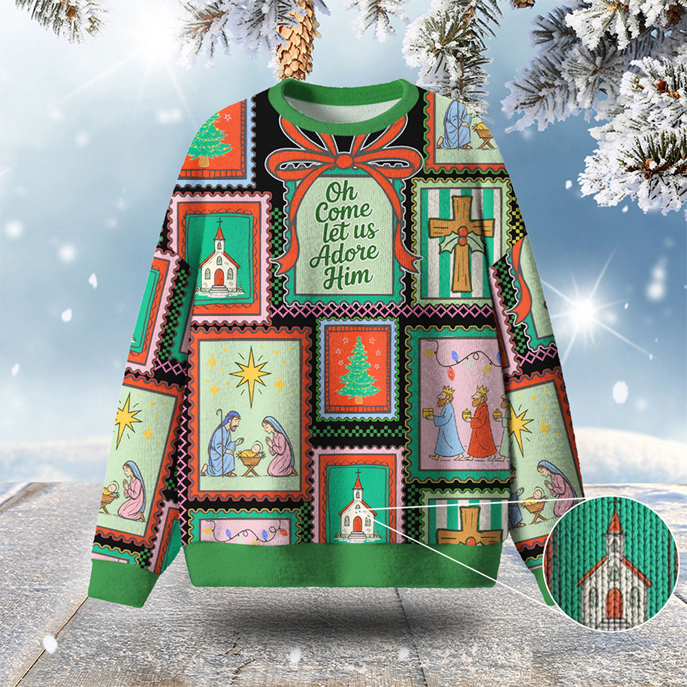 Oh Come Let Us Adore Him Ugly Christmas Sweater Nativity Scene Xmas Apparel Christian Xmas Gift