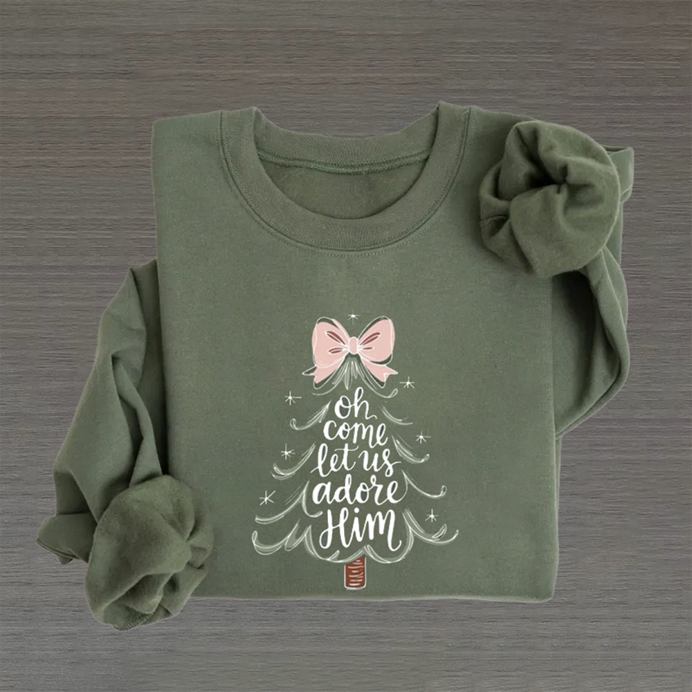 Oh Come Let's Us Adore Him Christmas Tree Sweatshirt Christian Clothing Gift For Wife