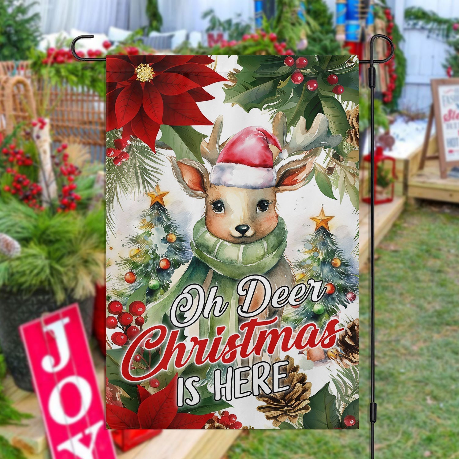 Oh Deer Christmas Is Here Flag Xmas Garden Flag Christmas Gift For Reindeer Lovers
