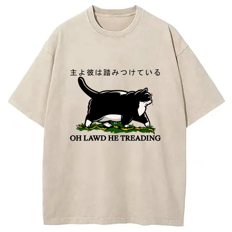 Oh Lawd He Treading Tuxedo Cat Washed T-Shirt Classic Graphic Fashion Tee Gifts For BFF