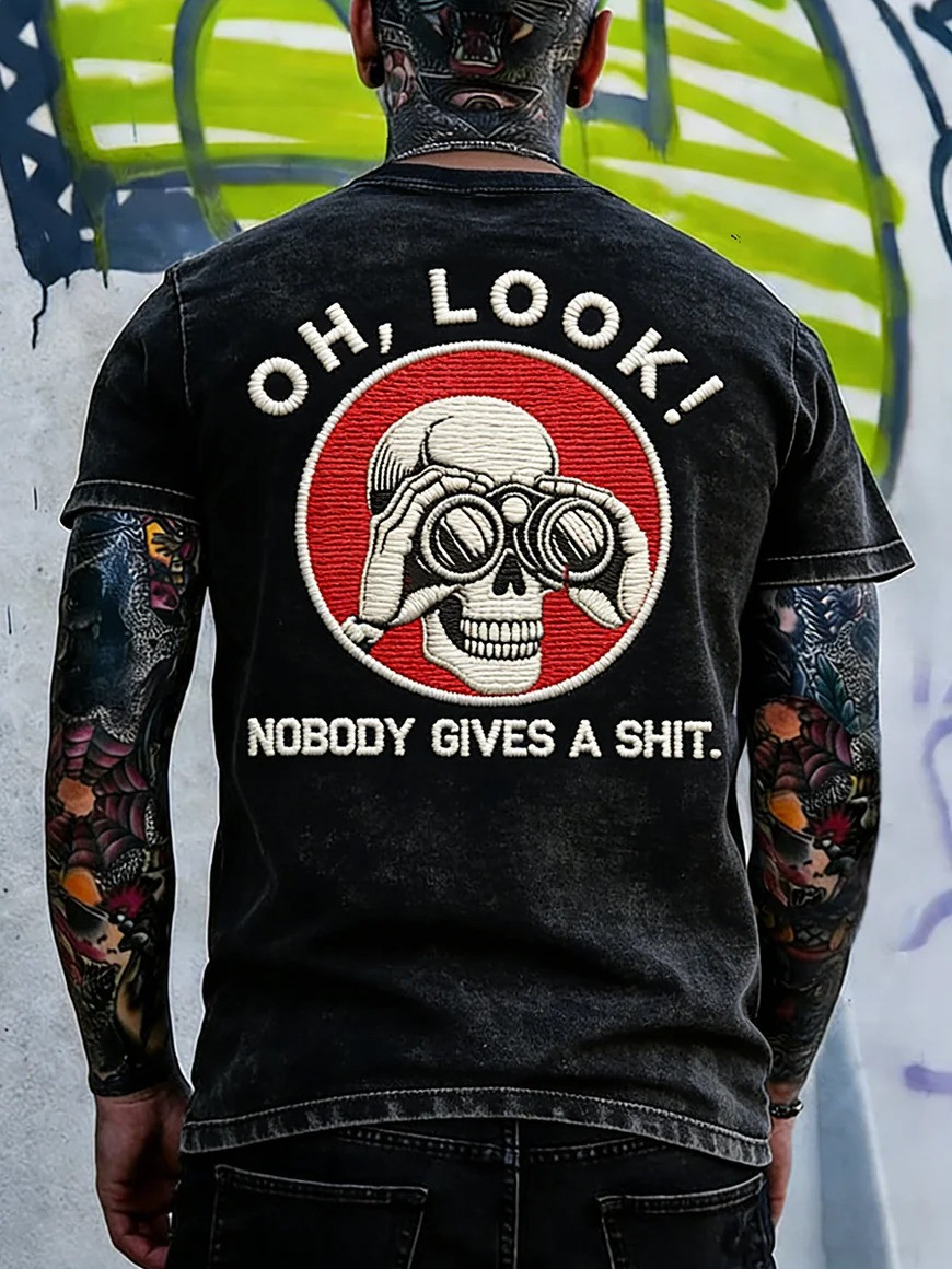 Oh Look Nobody Gives A Shit T-Shirt Funny Skull Binoculars Graphic Tee Sarcastic Gift For Old Men
