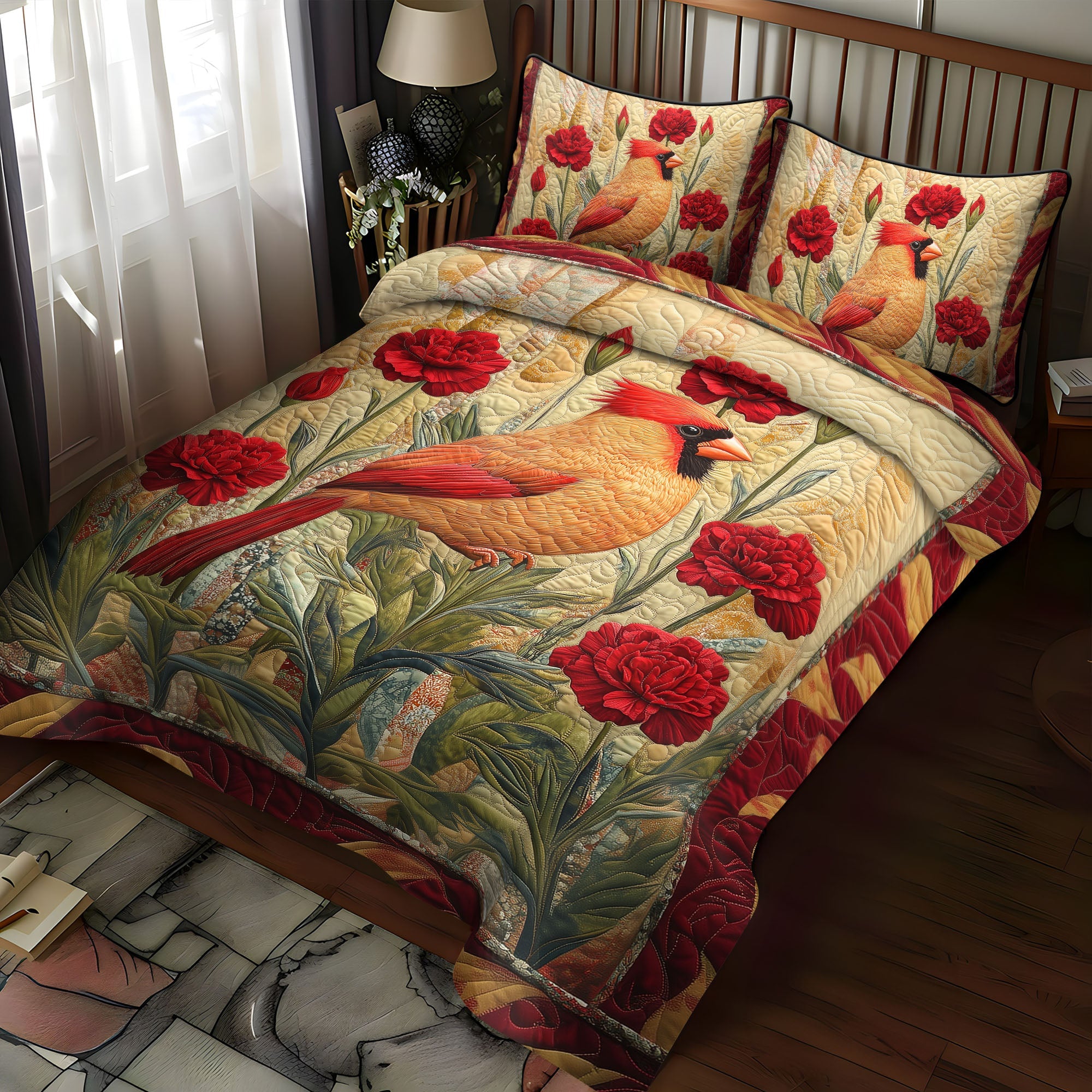 Ohio Carnation Garden Quilted Bedding Set Cool Bedroom Decor Cardinal Gifts For Men