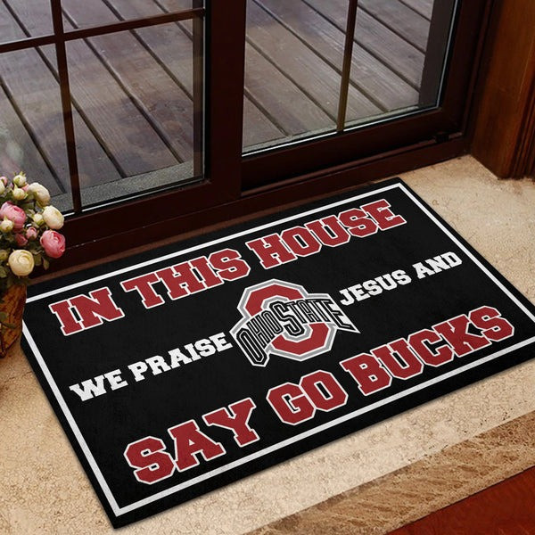 Ohio State Buckeyes Doormat In This House We Praise Jesus Say Go Bucks Ohio State Merch