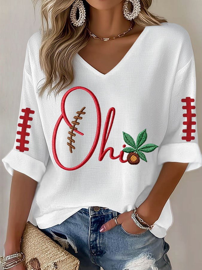 Ohio State Buckeyes Merch V-Neck Long Sleeve Shirt NCAA Football Apparel Gifts For Her