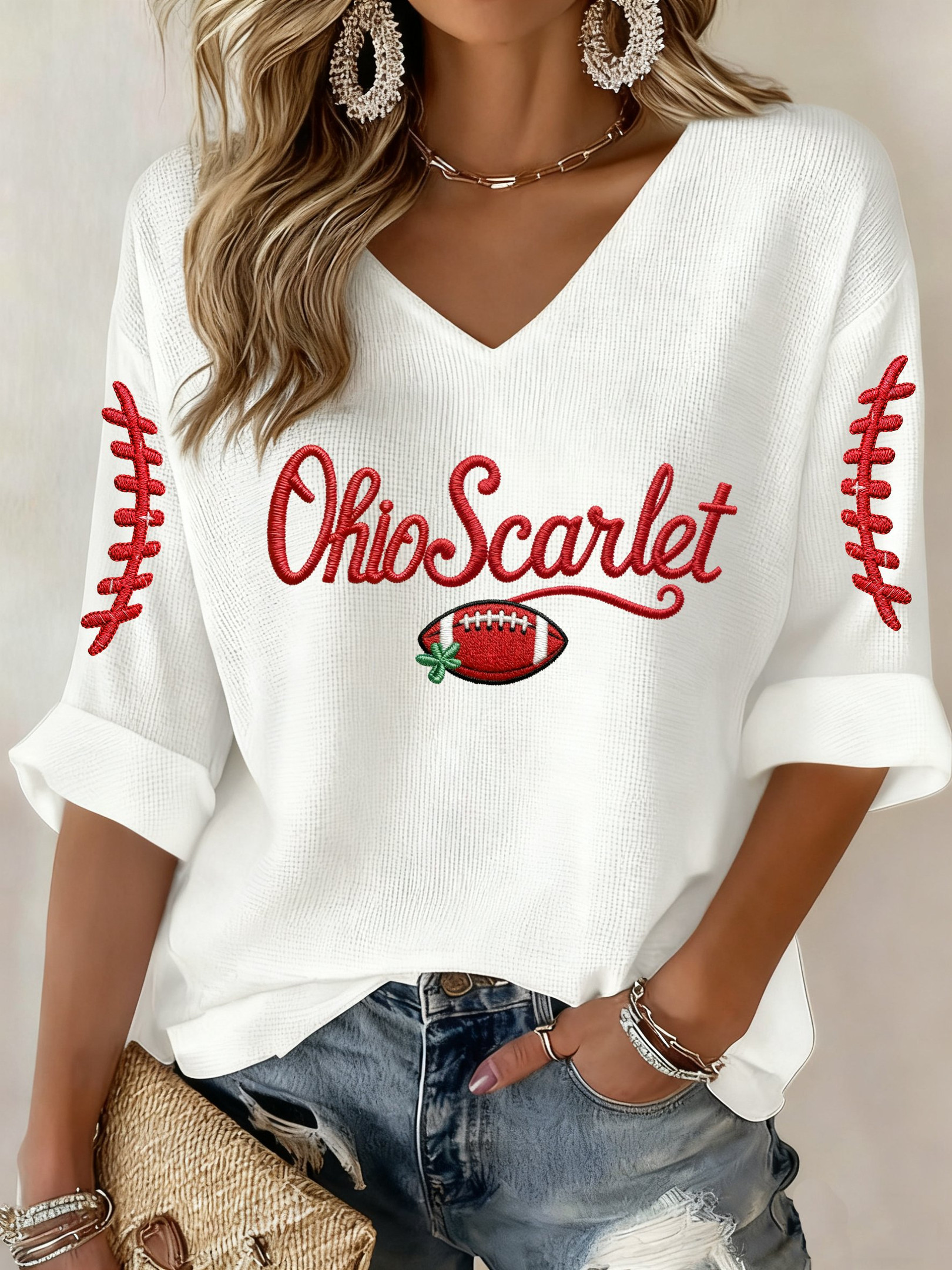 Ohio State Buckeyes Merch V-Neck Long Sleeve Shirt Ohio Scarlet Football Clothing Gifts