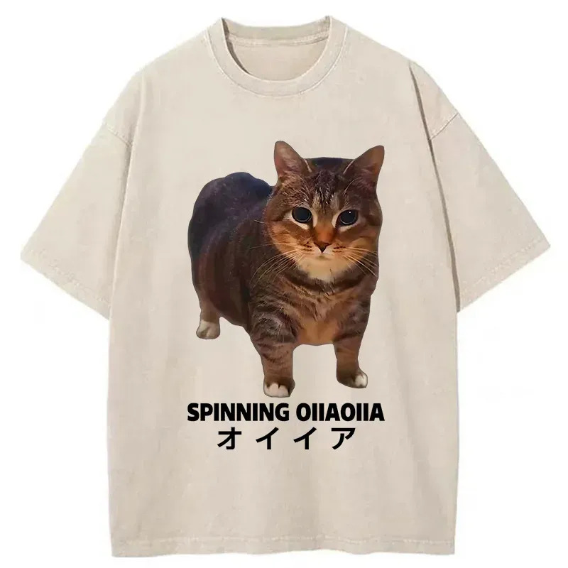OIIAOIIA Cat Washed T-Shirt Retro Humor Graphic Top Gifts For Him