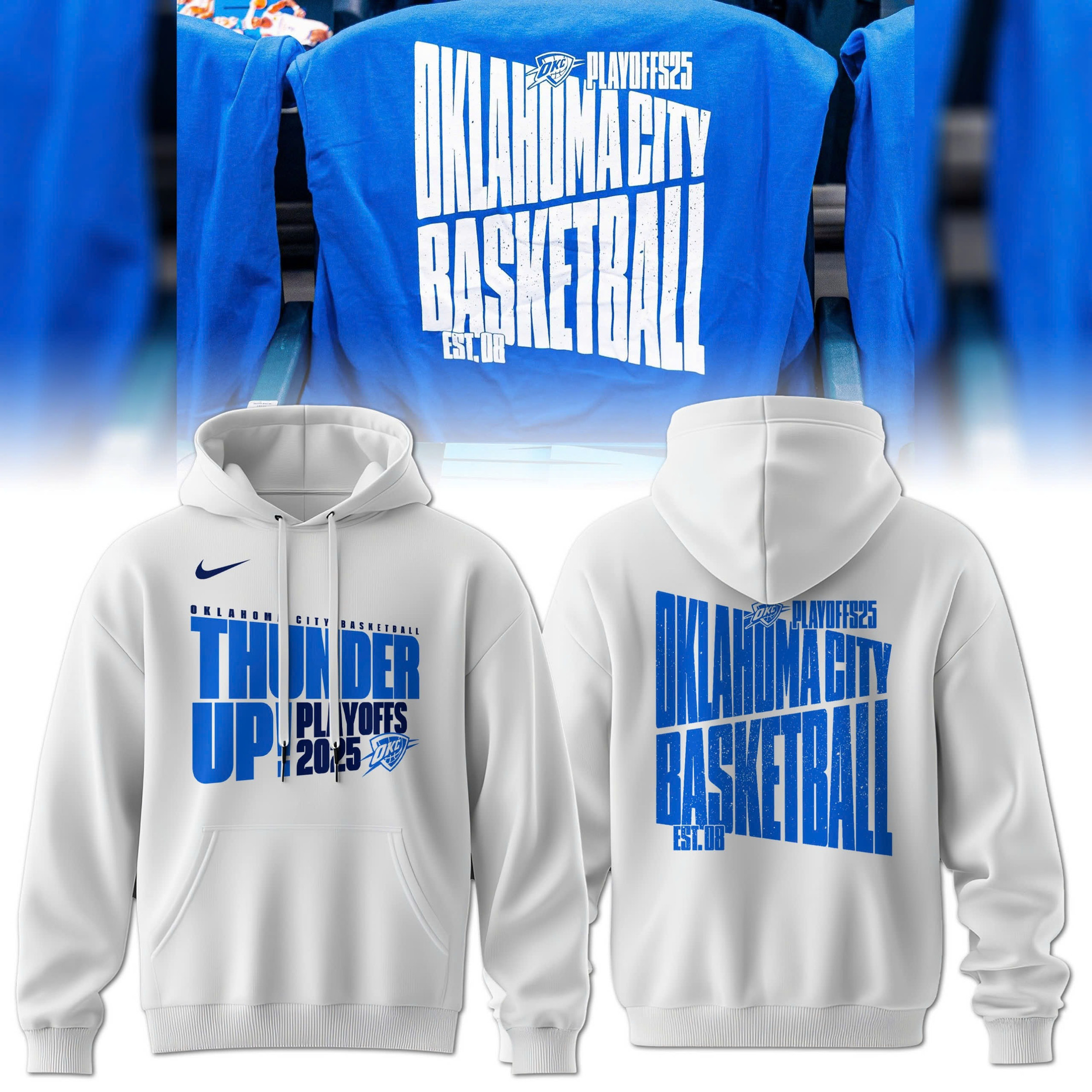OKC Oklahoma City Thunder Hoodie White Basketball NBA 2025 Playoffs Merch Fan Gift Ideas