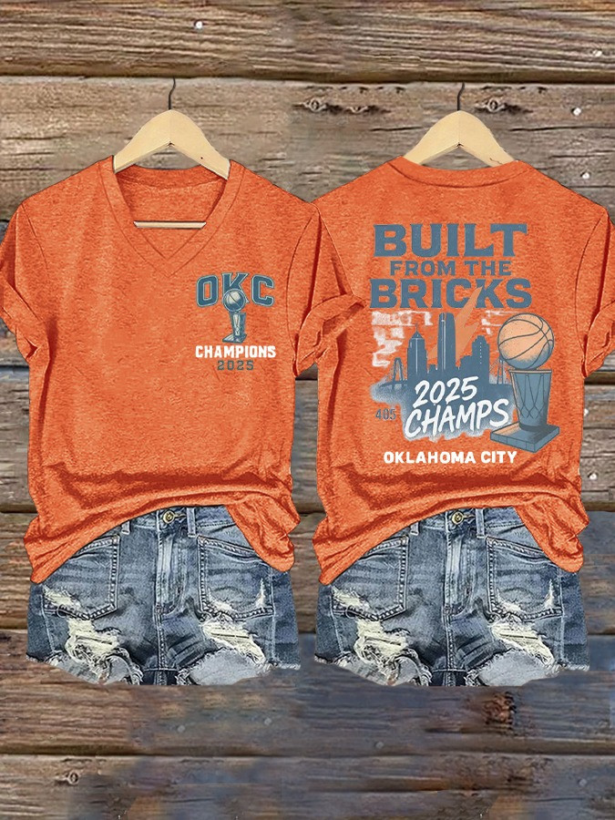 OKC Thunder Championship V-Neck T-Shirt Womens Built From Bricks Oklahoma City Fan Merch