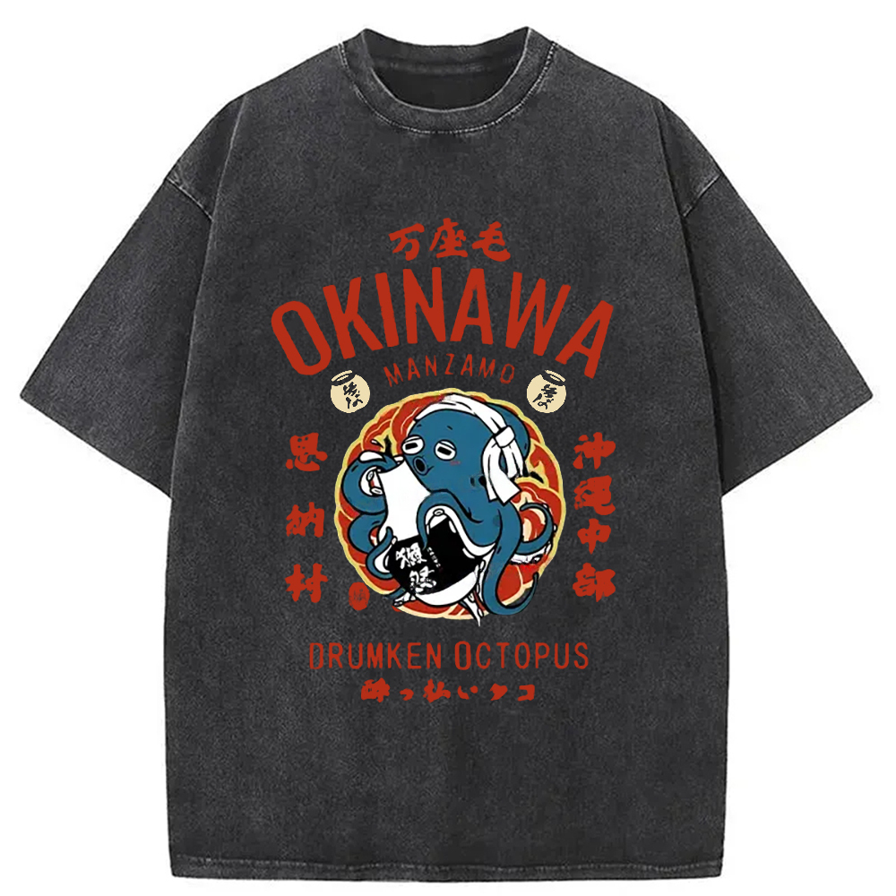 Okinawa Drunken Octopus Washed T-Shirt Minimal Retro Graphic Clothing Gifts For BFF