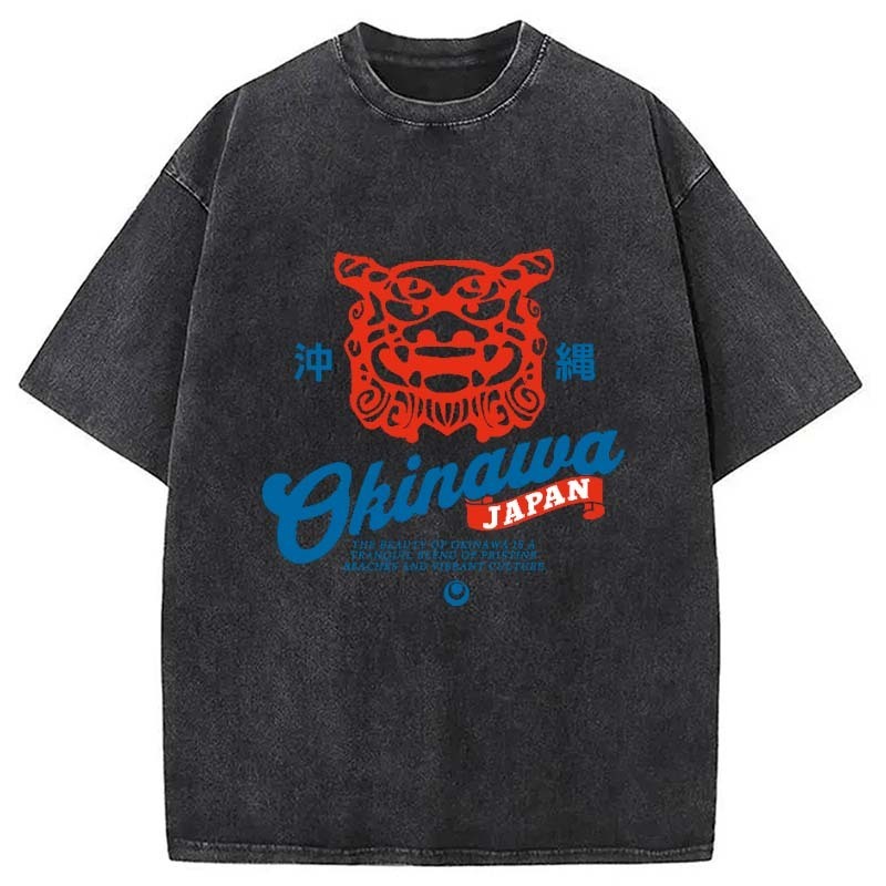 Okinawa Shisa Vintage Washed T-Shirt Retro Humor Graphic Top Gifts For Brother