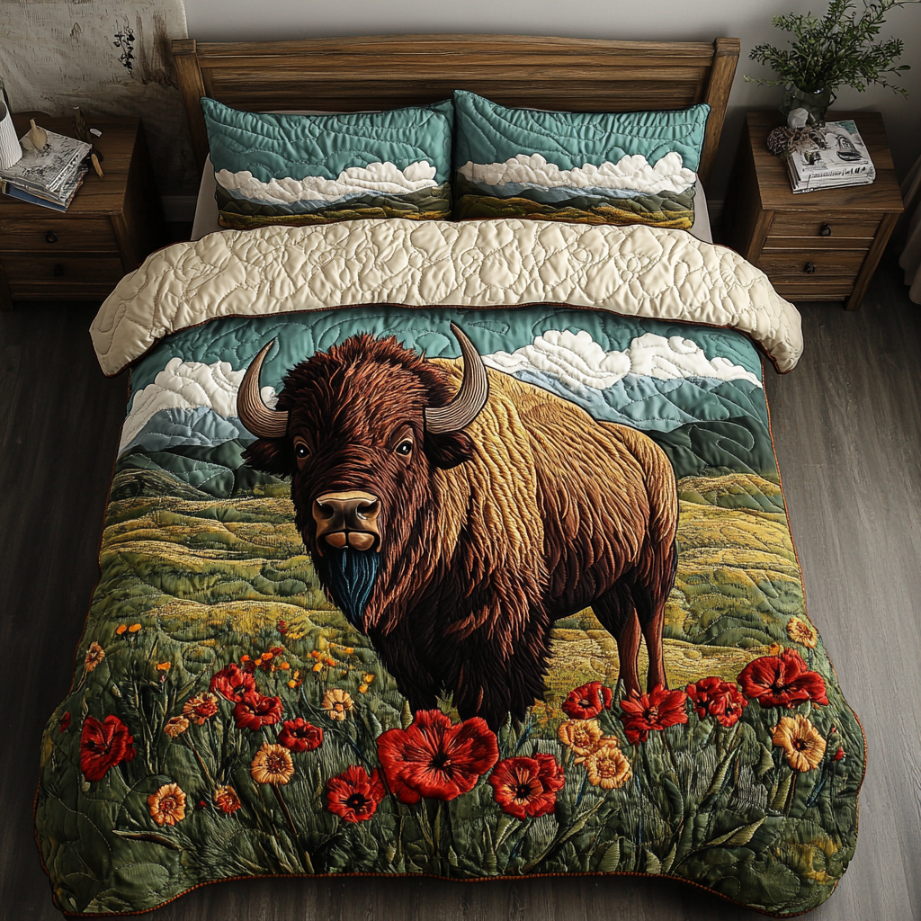 Oklahoma Bison Adventure Quilted Bedding Set Best Bedspread Set Bison Gifts For Men