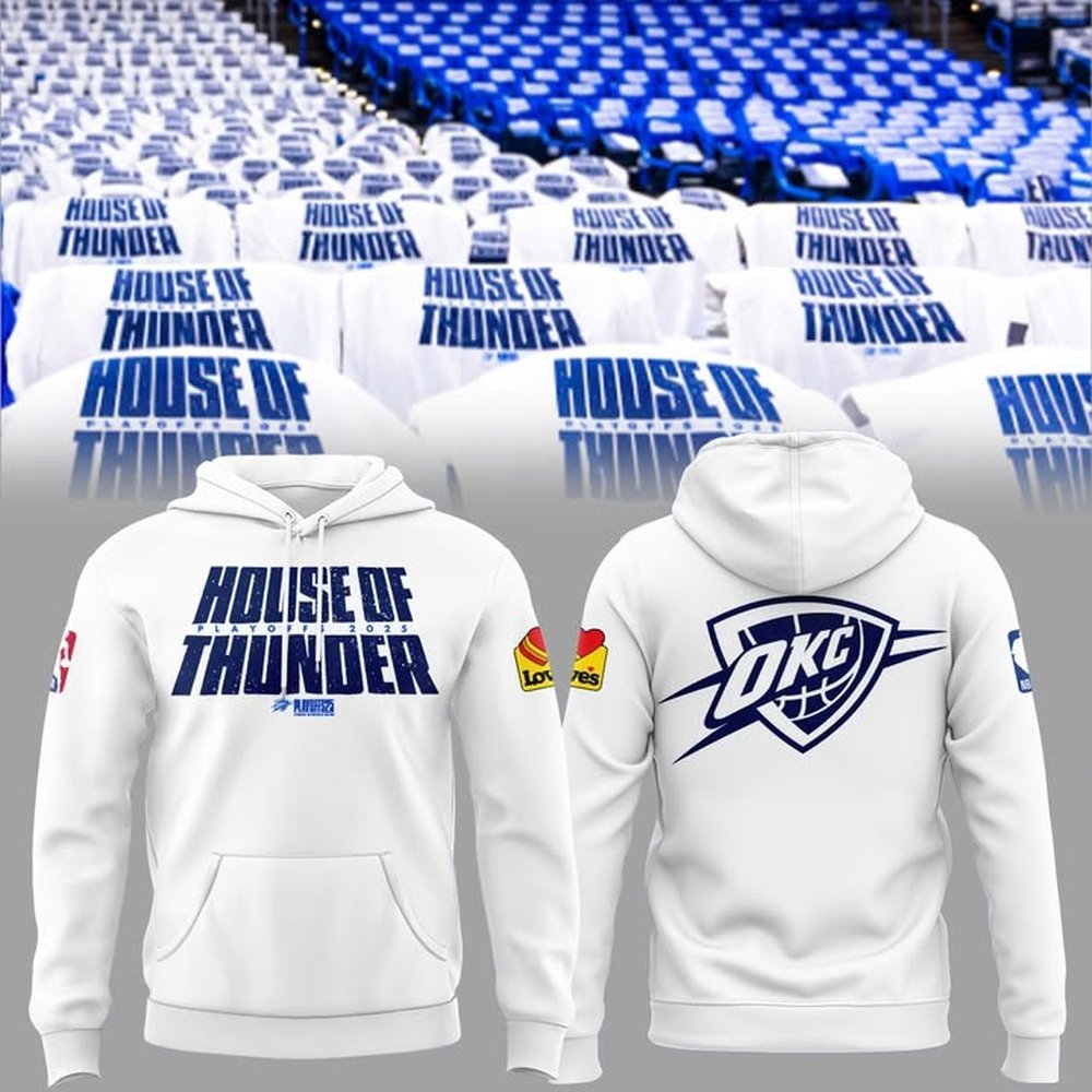 Oklahoma City Thunder House Of Thunder NBA 2025 White Hoodie Cool Gifts For Basketball Fans