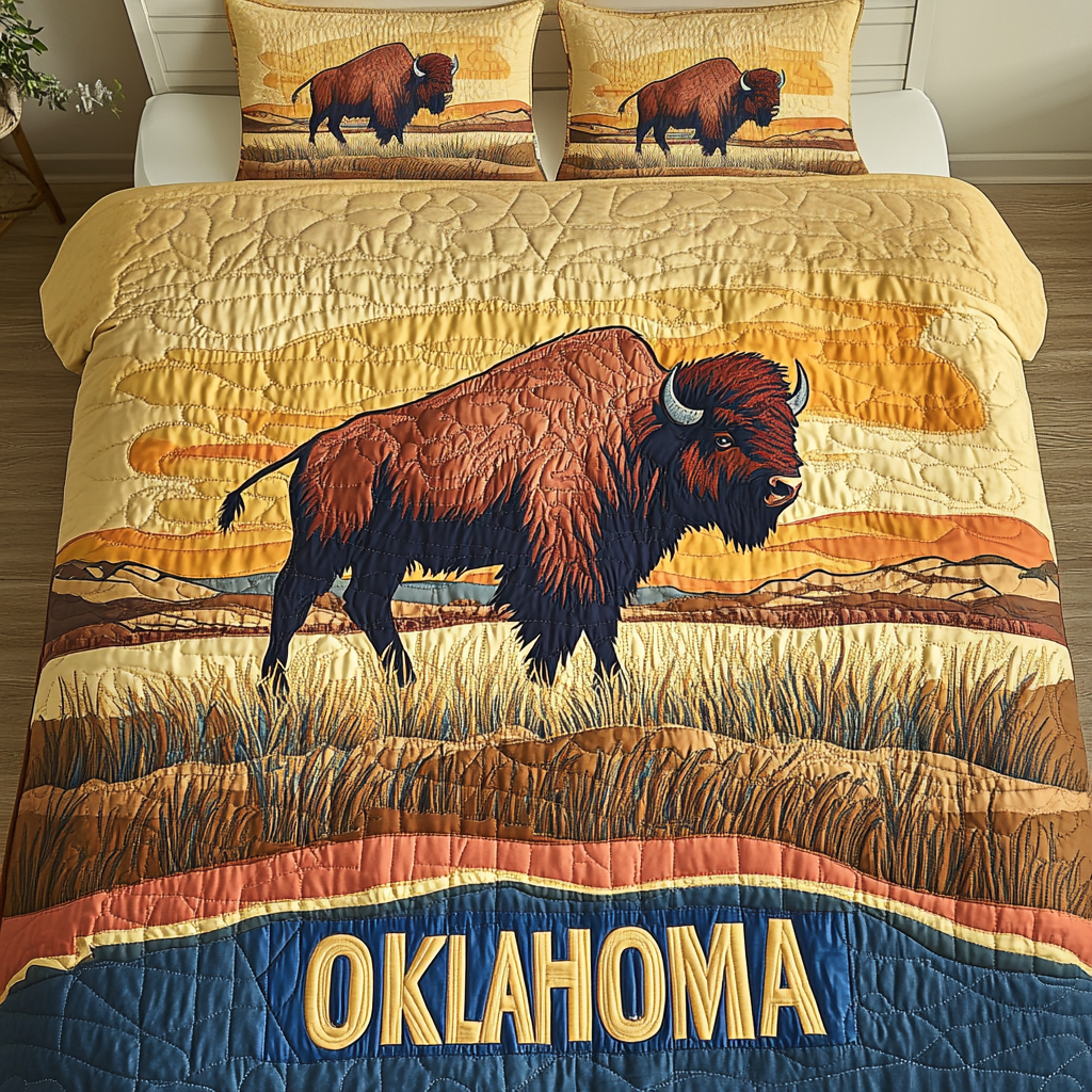 Oklahoma Spirit Quilted Bedding Set Best Bed Sheet Set Bison Themed Gift Items