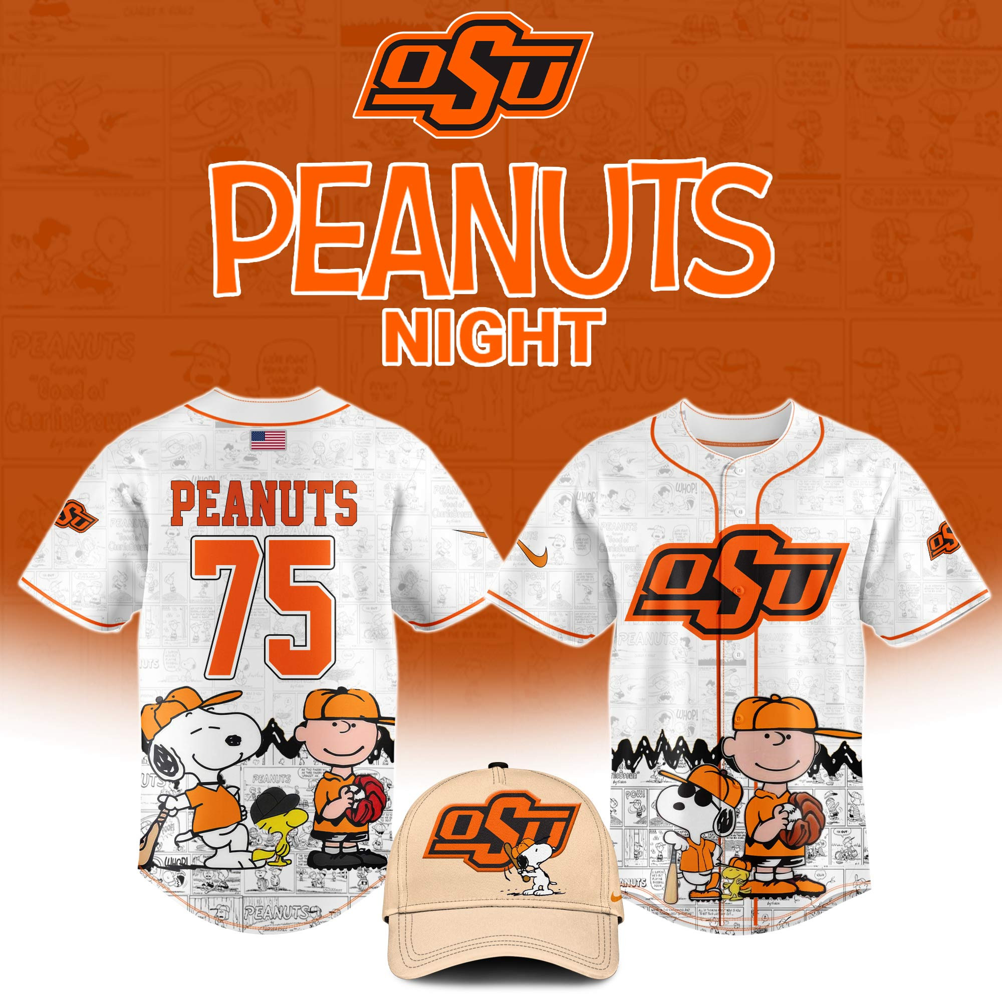 Oklahoma State Cowboys x Peanuts Night Jersey 75Th Anniversary Of Peanuts OSU Fan Merch
