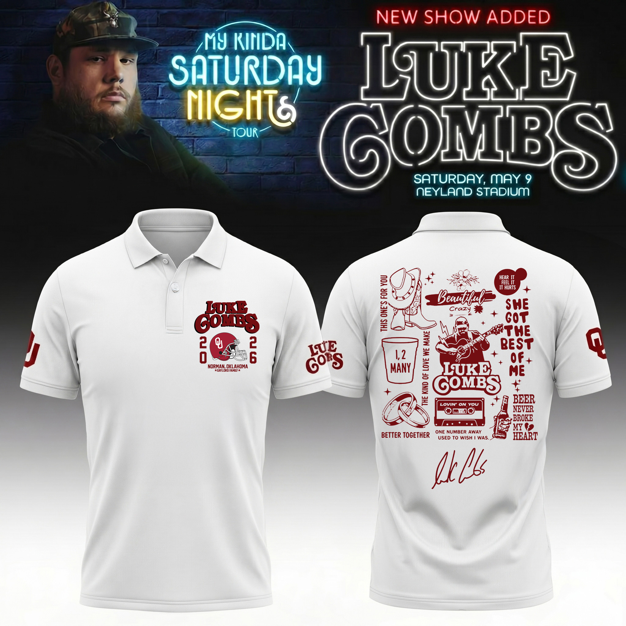 Oklahoma x Luke Combs My Kinda Saturday Night Tour Polo Shirt College Football Merch Fan Gear