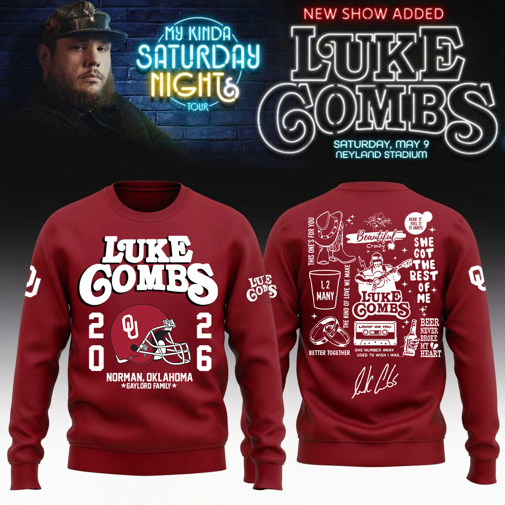 Oklahoma x Luke Combs My Kinda Saturday Night Tour Sweatshirt OU Football Helmet Apparel