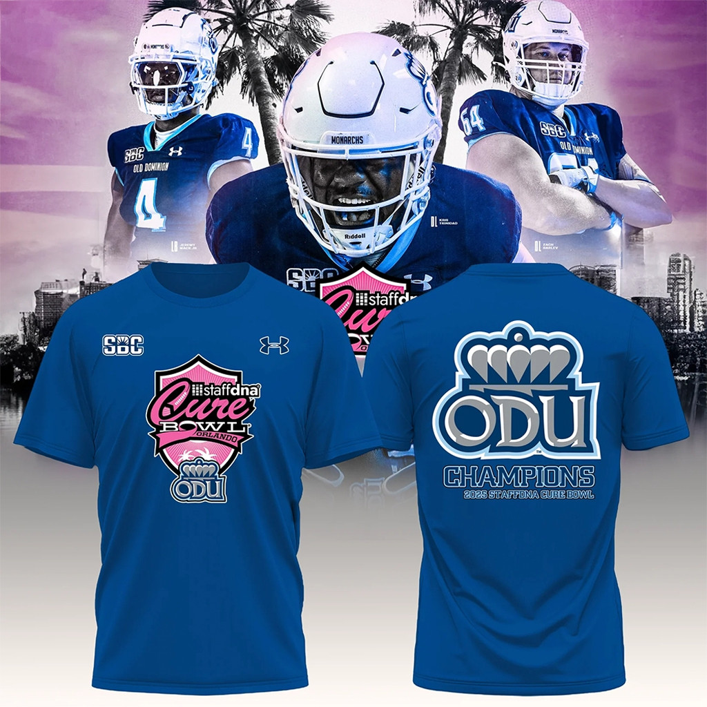 Old Dominion Football Merch 2025 Staffdna Cure Bowl Champions Shirt Gifts For Football Lovers