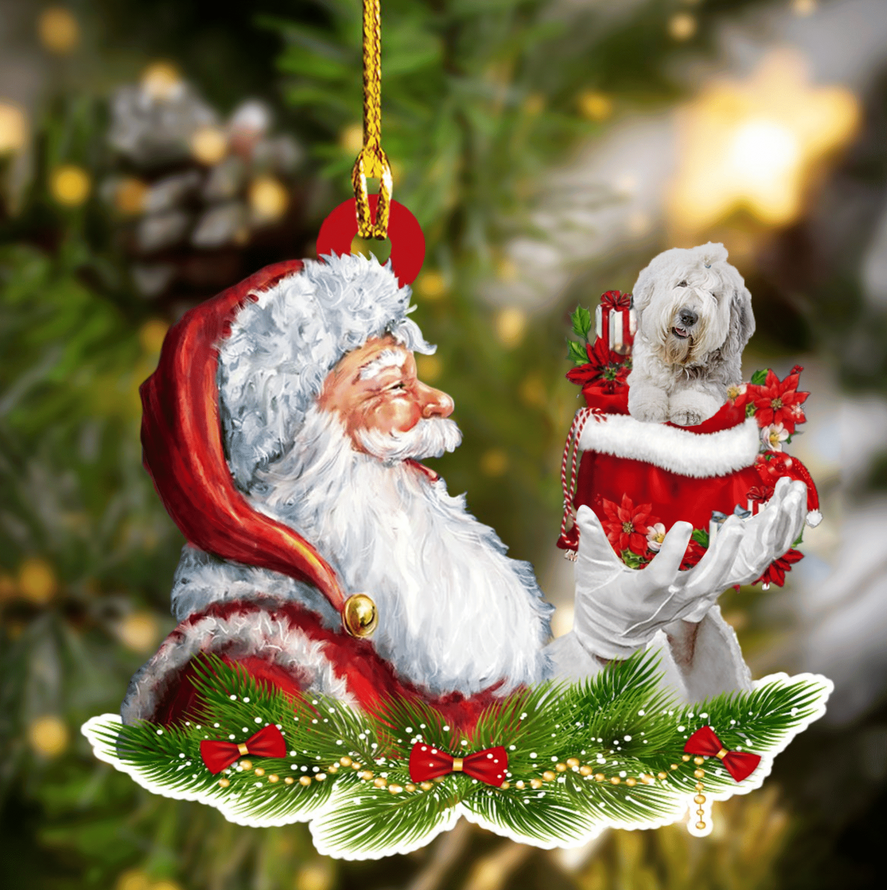 Old English Sheepdog 2 and Santa Christmas Ornament for Dog Lovers Dog Mom Acrylic Dog Ornament