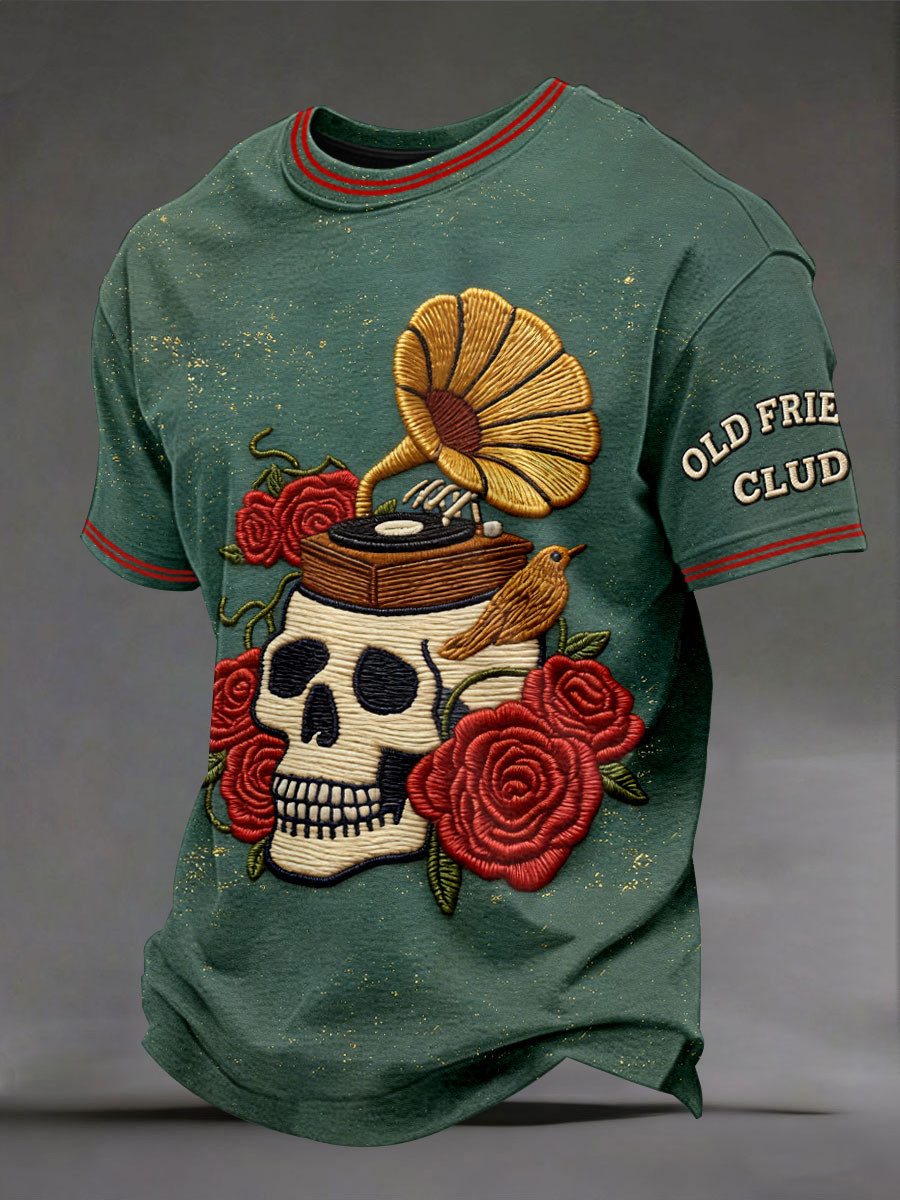 Old Friend Club Skull Gramophone T-Shirt Retro Music Skeleton Clothing Gift For Dad