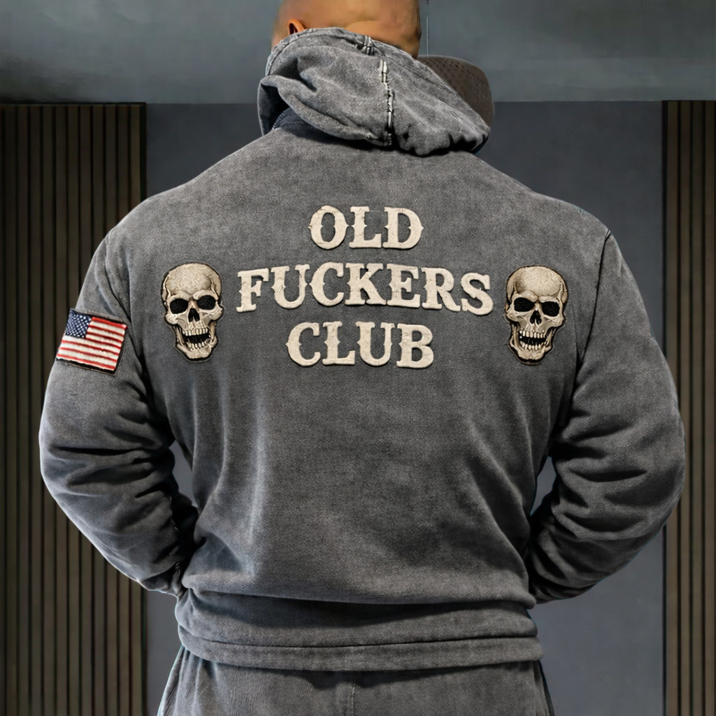 Old Fuckers Club Skull Art Hoodie Veteran Themed Hooded Sweatshirt Veteran Gift Ideas