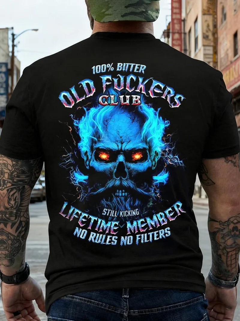 Old Fuckers Club Still Kicking No Rules No Filters T-Shirt Blue Flame Skull Gift For Him Friends