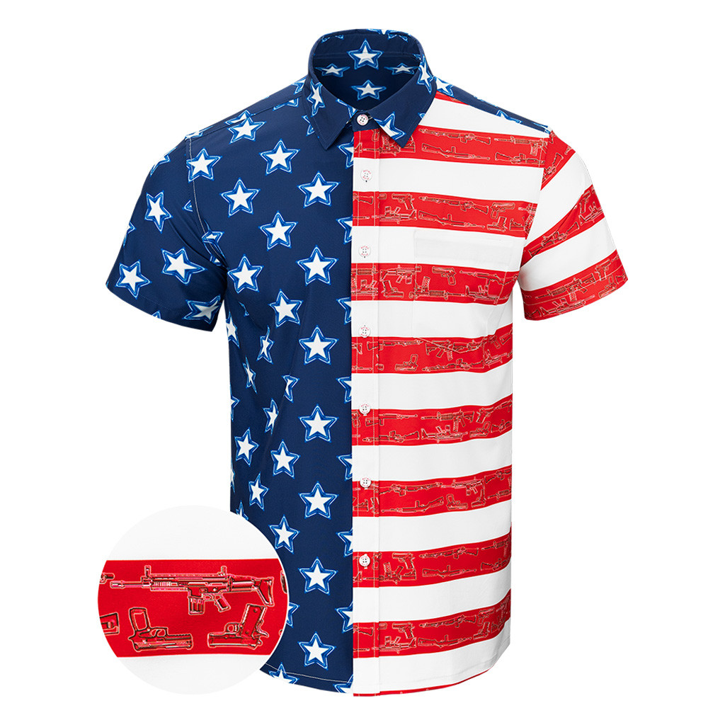 Old Glory Button Down Shirt USA Flag Gun Print Hawaiian Shirt Patriotic Gifts For Dad